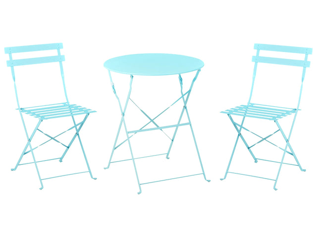 3 Piece Bistro Set Blue Metal Folding Slatted Seat Back Outdoor Beliani