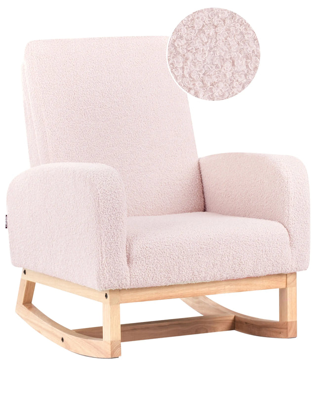 Kids Size Rocking Chair Pastel Pink Boucle Indoor Wooden Rockers with Armrests Beliani