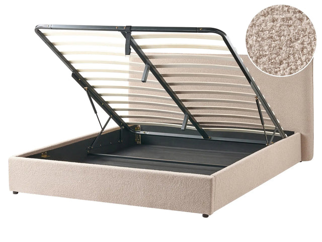 Ottoman Bed Taupe Boucle Upholstery EU King Size 5ft3 Large Classic Headboard Wooden Slats Beliani