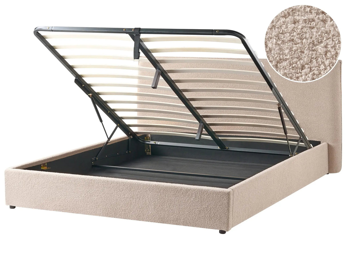 Ottoman Bed Taupe Boucle Upholstery EU Super King Size 6ft Large Classic Headboard Wooden Slats Beliani