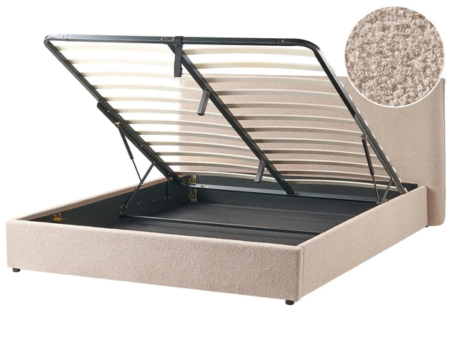 Ottoman Bed Taupe Boucle Upholstery EU Super King Size 6ft Large Classic Headboard Wooden Slats Beliani