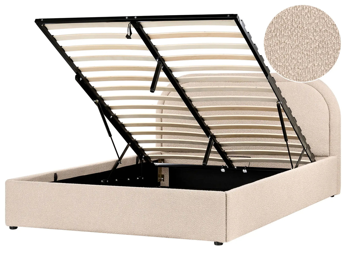 EU Double Size Bed Beige Fabric Boucle 4ft6 Upholstered Frame Headrest with Storage Beliani