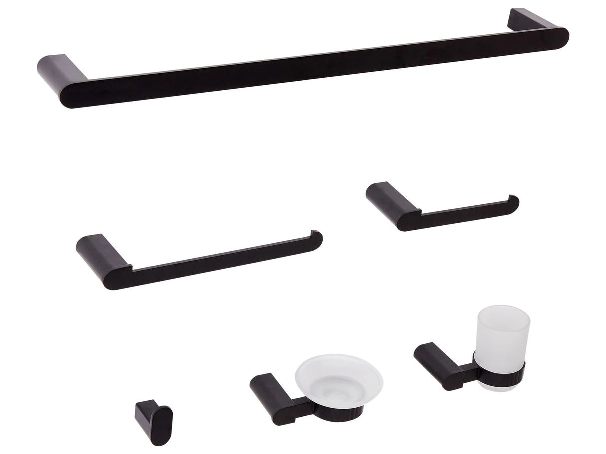 6-Piece Bathroom Hardware Set Black Aluminium Glass Tumbler and Soap Dish Included Bathroom Accessories Minimalist Chic Beliani