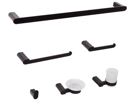 6-Piece Bathroom Hardware Set Black Aluminium Glass Tumbler and Soap Dish Included Bathroom Accessories Minimalist Chic Beliani
