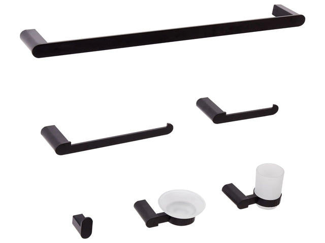 6-Piece Bathroom Hardware Set Black Aluminium Glass Tumbler and Soap Dish Included Bathroom Accessories Minimalist Chic Beliani