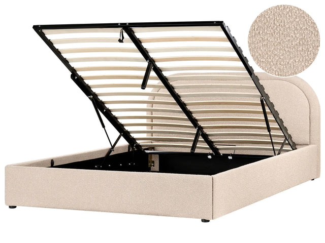 EU King Size Bed Beige Fabric Boucle 5ft3 Upholstered Frame Headrest with Storage Beliani