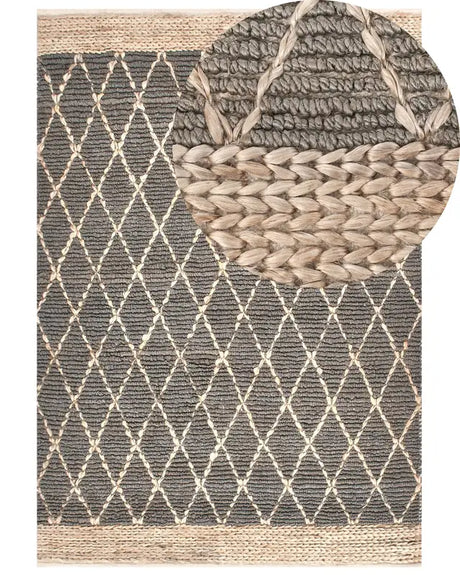 Area Rug Grey Jute 160 x 230 cm Geometric Pattern Hand Woven Boho Living Room Bedroom Beliani