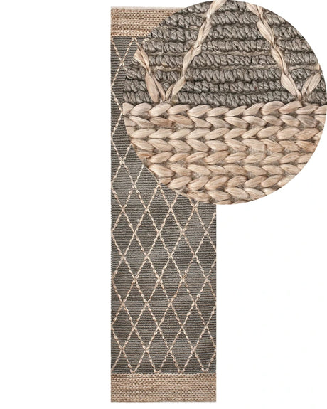 Runner Rug Grey Jute 80 x 300 cm Geometric Pattern Hand Woven Boho Hallway Bedroom Beliani