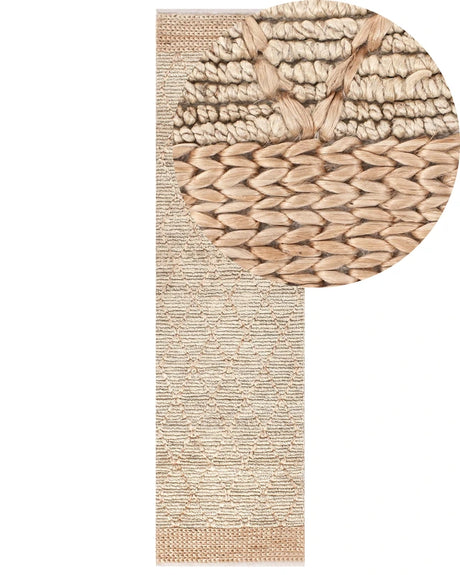 Runner Rug Beige Jute 80 x 300 cm Geometric Pattern Hand Woven Boho Hallway Bedroom Beliani