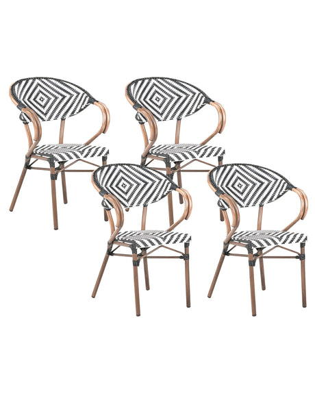 Set of 4 Garden Chairs Black and White with Dark Brown PE Rattan Seat Aluminium Frame Indoor Outdoor Set Beliani