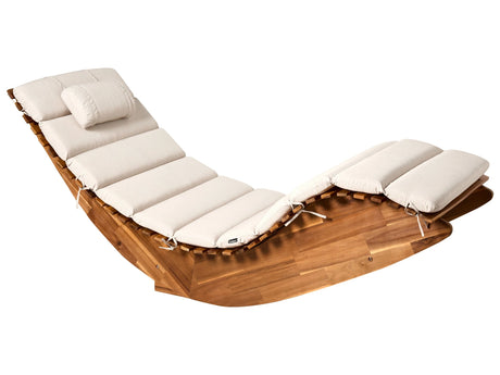 Sun Lounger Light Acacia Wood Light Beige Pad Slatted Design Rocking Feature Curved Shape Beliani