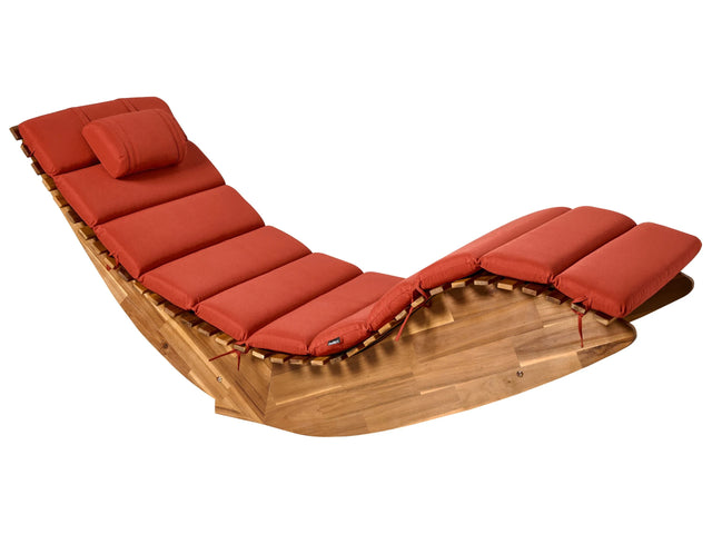 Sun Lounger Light Acacia Wood Red Pad Slatted Design Rocking Feature Curved Shape Beliani