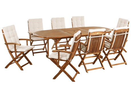 Outdoor Dining Set Light Acacia Wood with Light Beige Cushions 8 Seater Table Folding Chairs Rustic Design Beliani