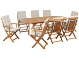Outdoor Dining Set Light Acacia Wood with Taupe Cushions 8 Seater Table Folding Chairs Rustic Design Beliani