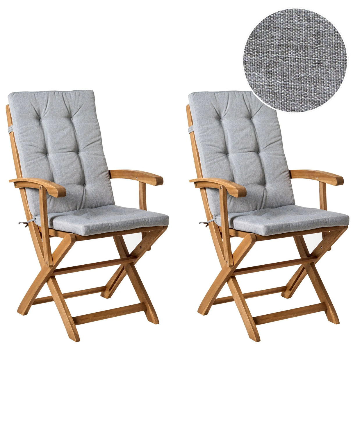 Set of 2 Garden Dining Chairs Light Wood with Grey Melange Cushions Acacia Wood Frame Folding Rustic Design Beliani