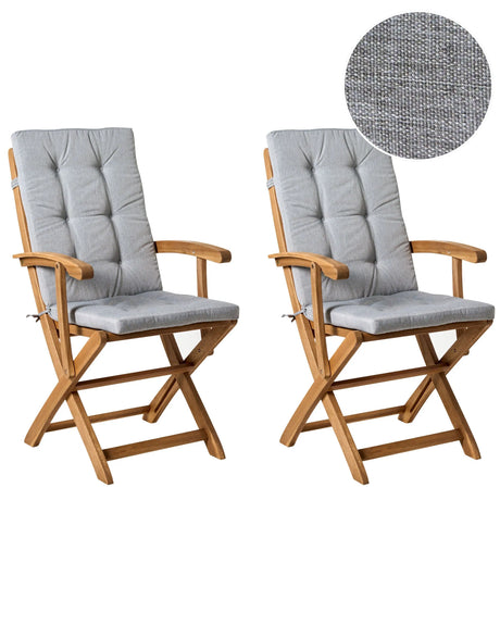 Set of 2 Garden Dining Chairs Light Wood with Grey Melange Cushions Acacia Wood Frame Folding Rustic Design Beliani