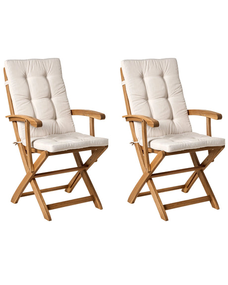 Set of 2 Garden Dining Chairs Light Wood with Light Beige Cushions Acacia Wood Frame Folding Rustic Design Beliani