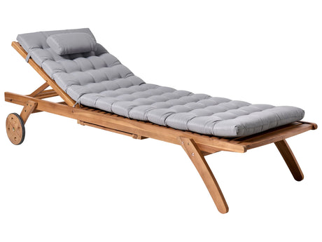 Garden Sun Lounger Light Wood Acacia with Cushion Light Grey Reclining on Wheels with Table Beliani