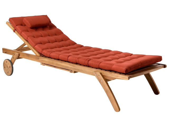 Garden Sun Lounger Light Wood Acacia with Cushion Red Reclining on Wheels with Table Beliani