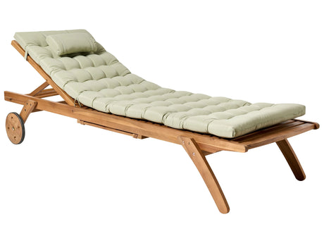 Garden Sun Lounger Light Wood Acacia with Cushion Light Green Reclining on Wheels with Table Beliani