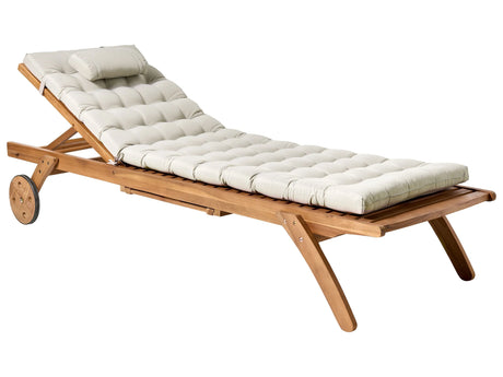Garden Sun Lounger Light Wood Acacia with Cushion Taupe Reclining on Wheels with Table Beliani