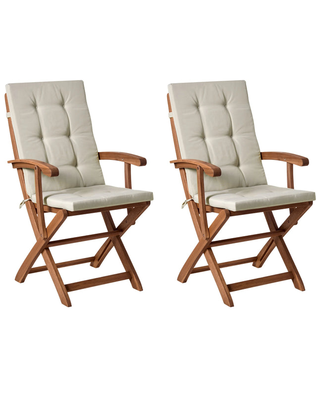 Set of 2 Garden Dining Chairs Light Wood with Taupe Cushions Acacia Wood Frame Folding Rustic Design Beliani