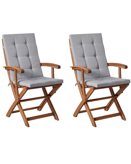 Set of 2 Garden Dining Chairs Light Wood with Light Grey Cushions Acacia Wood Frame Folding Rustic Design Beliani