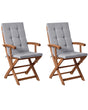 Set of 2 Garden Dining Chairs Light Wood with Light Grey Cushions Acacia Wood Frame Folding Rustic Design Beliani