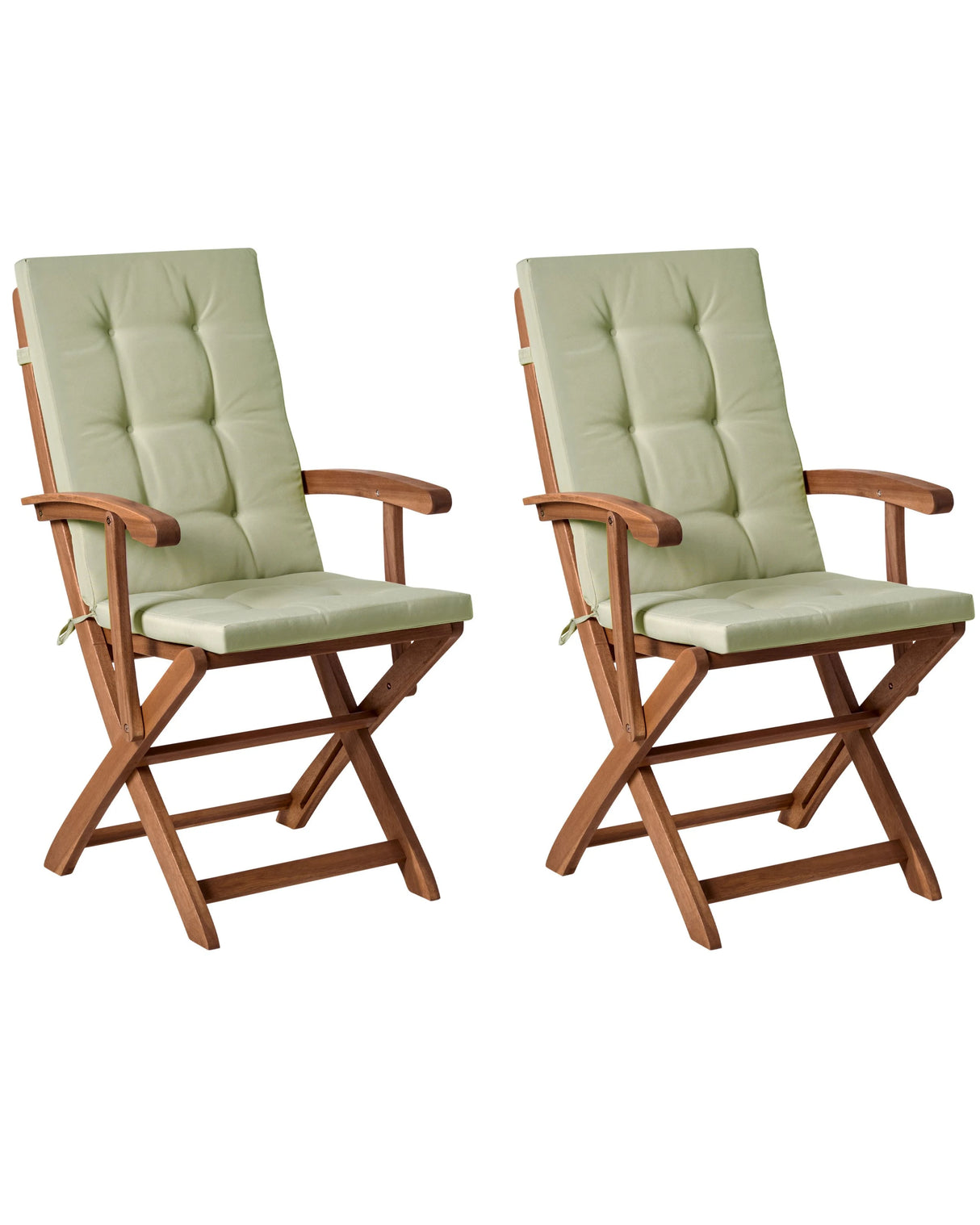 Set of 2 Garden Dining Chairs Light Wood with Light Green Cushions Acacia Wood Frame Folding Rustic Design Beliani