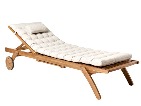 Garden Sun Lounger Light Wood Acacia with Cushion Light Beige Reclining on Wheels with Table Beliani