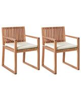 Set of 2 Garden Dining Chairs with Cushions Light Brown Light Beige Certified Acacia Wood Faux Linen Rustic Style Beliani