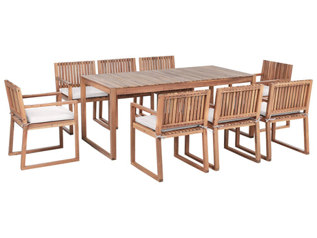 Garden Dining Set Light Brown Certified Acacia Wood Table 8 Chairs with Taupe Cushions Outdoor Rustic Style Beliani