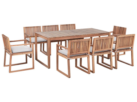 Garden Dining Set Light Brown Certified Acacia Wood Table 8 Chairs with Light Grey Cushions Outdoor Rustic Style Beliani