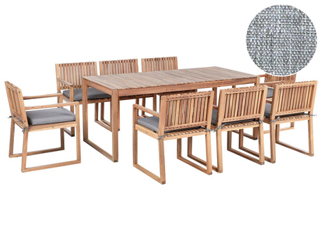 Garden Dining Set Light Brown Certified Acacia Wood Table 8 Chairs with Grey Melange Cushions Outdoor Rustic Style Beliani