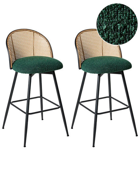 Set of 2 Bar Chairs Green Swivel Boucle Seat Metal Black Frame Viennese Braid Backrest Retro Seating Beliani