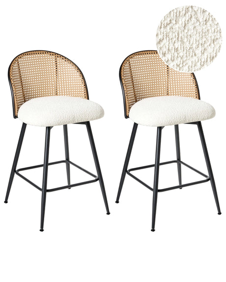 Set of 2 Bar Chairs Off-White Swivel Boucle Seat Metal Black Frame Viennese Braid Backrest Retro Seating Beliani