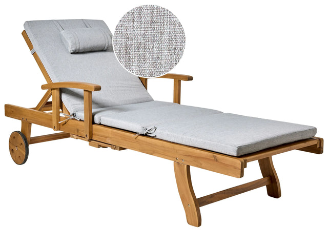 Garden Sun Lounger Acacia Wood with Grey Melange Cushion Outdoor Weather Resistant Reclining with Wheels Beliani