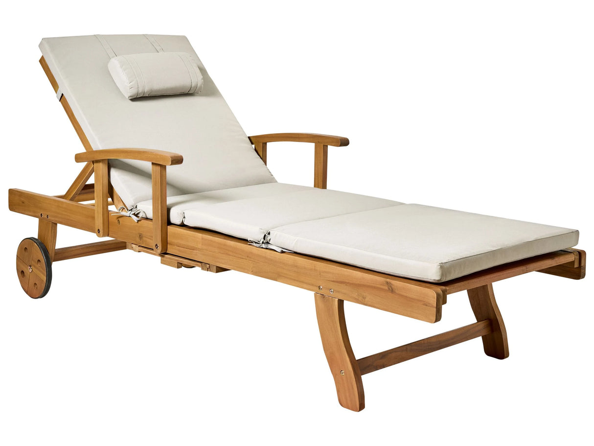 Garden Sun Lounger Acacia Wood with Taupe Cushion Outdoor Weather Resistant Reclining with Wheels Beliani