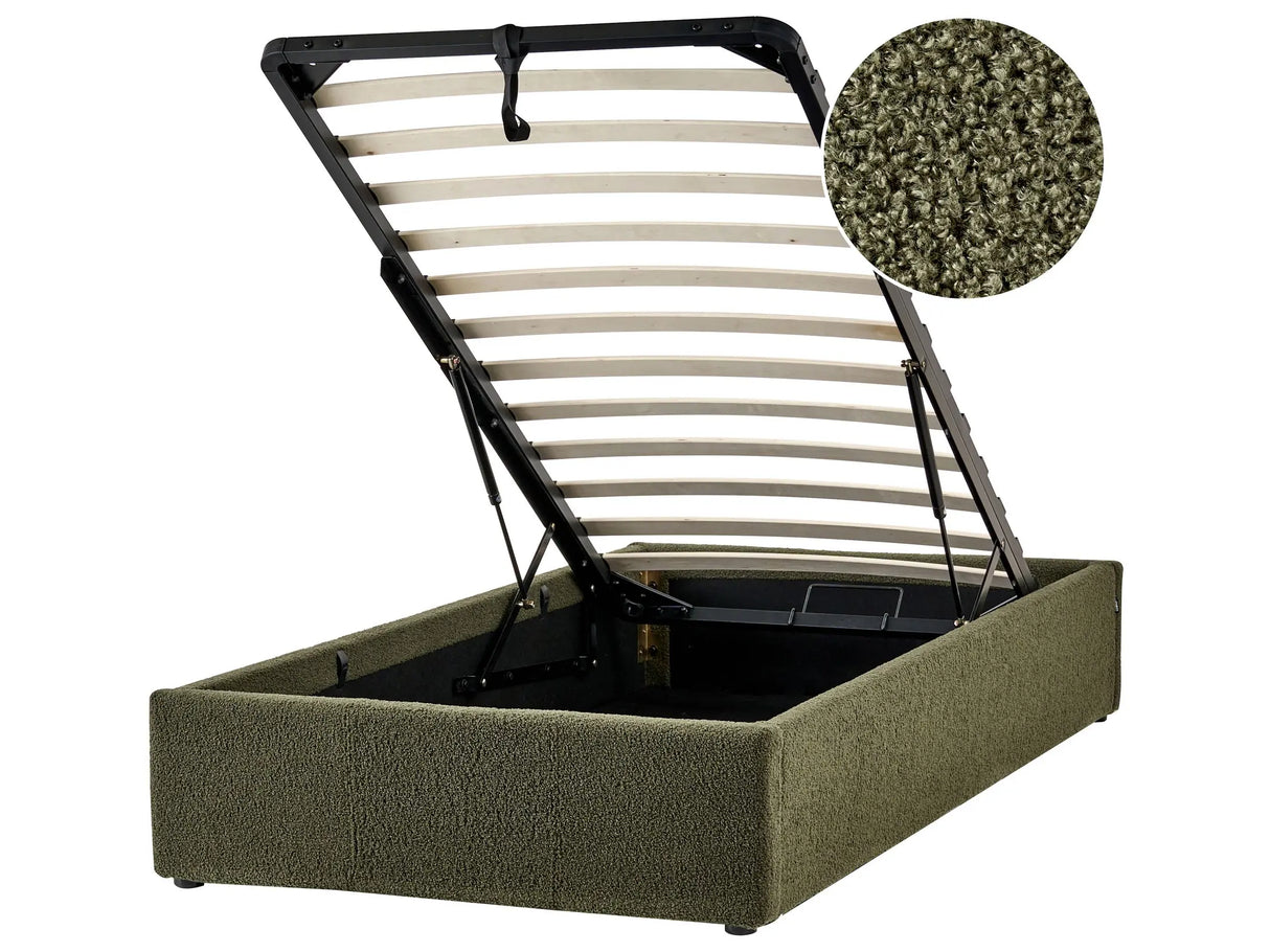 Slatted Bed Frame Dark Green Boucle Fabric Upholstered Ottoman Storage 3ft EU Single Size Modern Design Bedroom Beliani