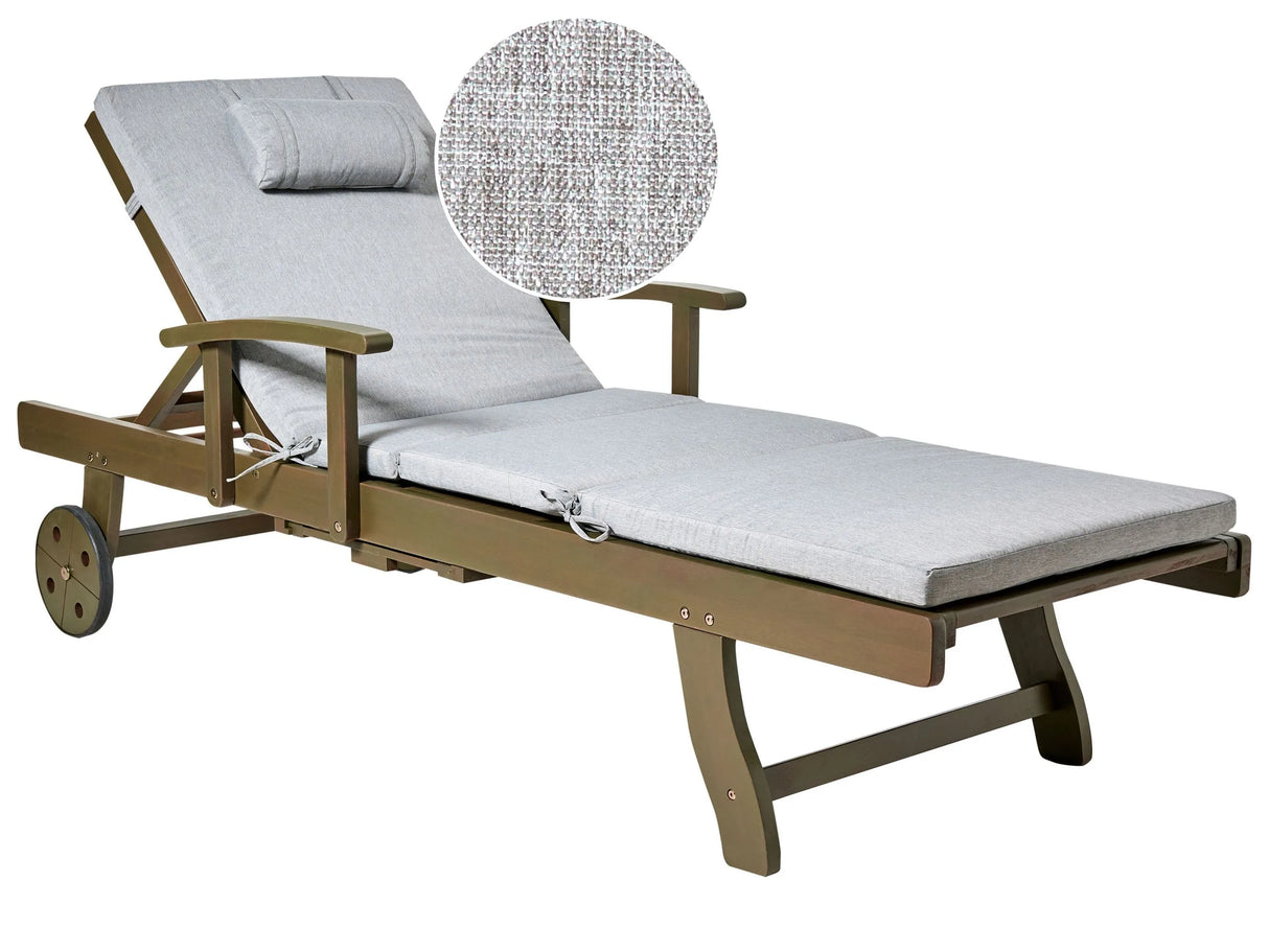 Garden Sun Lounger Acacia Wood Natural with Grey Melange Cushion Adjustable Backrest Inbuilt Castors Rustic Traditional Style Beliani