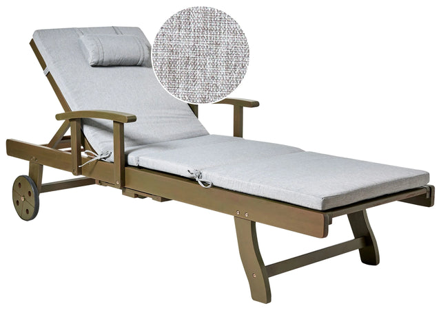Garden Sun Lounger Acacia Wood Natural with Grey Melange Cushion Adjustable Backrest Inbuilt Castors Rustic Traditional Style Beliani
