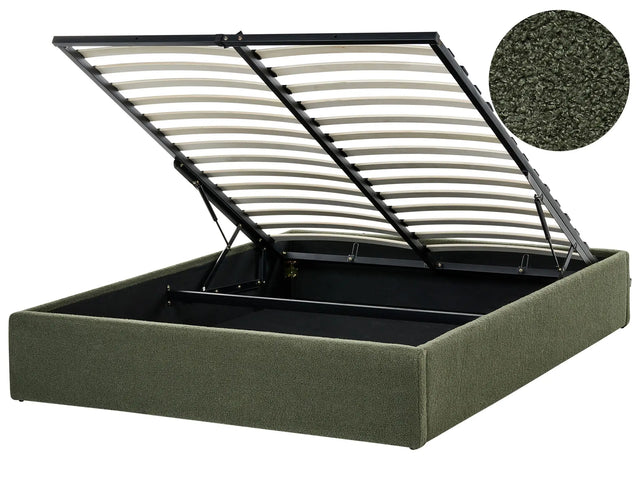 Slatted Bed Frame Dark Green Boucle Upholstered Ottoman Storage 4ft6 EU Double Size Modern Design Beliani
