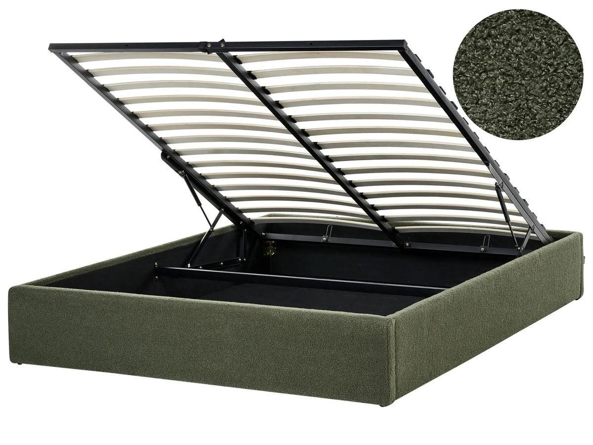 Slatted Bed Frame Dark Green Boucle Upholstered Ottoman Storage 5ft3 EU King Size Modern Design Beliani