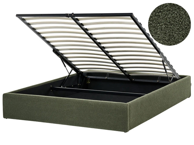 Slatted Bed Frame Dark Green Boucle Upholstered Ottoman Storage 5ft3 EU King Size Modern Design Beliani