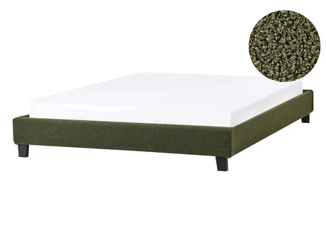 EU Double Size Bed 4ft6 Dark Green Boucle Fabric Slatted Frame without Headboard Beliani