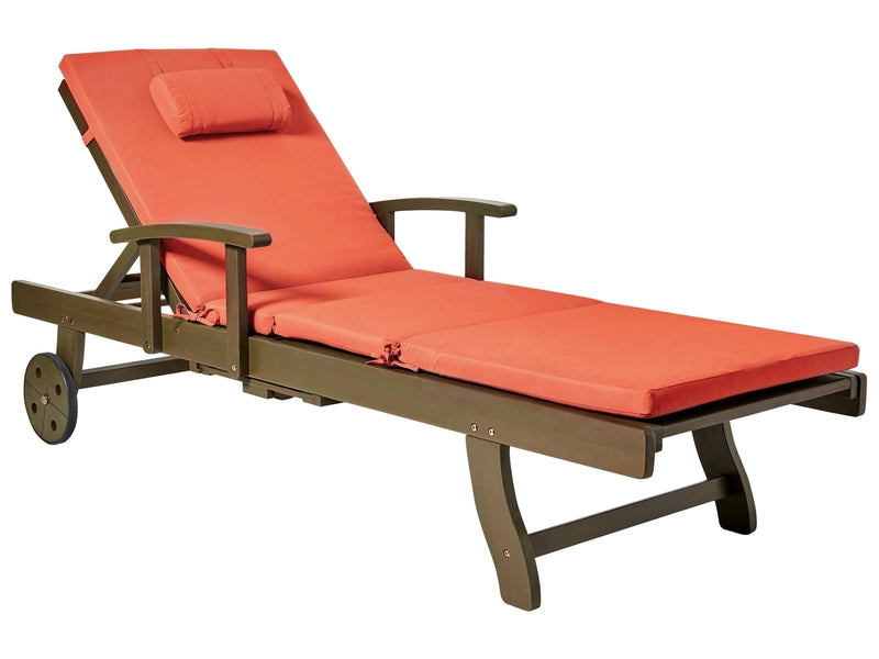 Garden Sun Lounger  Acacia Wood Natural with Red Cushion Adjustable Backrest Inbuilt Castors Rustic Traditional Style Beliani