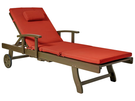 Garden Sun Lounger  Acacia Wood Natural with Red Cushion Adjustable Backrest Inbuilt Castors Rustic Traditional Style Beliani