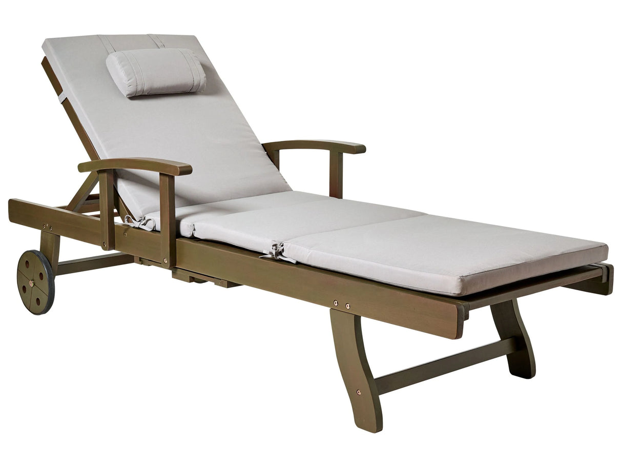 Garden Sun Lounger  Acacia Wood Natural with Light Grey Cushion Adjustable Backrest Inbuilt Castors Rustic Traditional Style Beliani