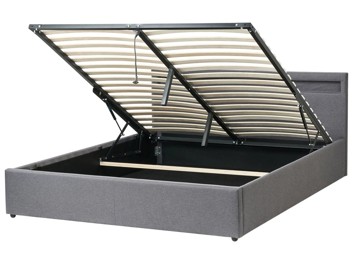 Ottoman Bed Dark Grey Fabric Upholstery LED Multicolour Illuminated Headboard Slatted Base 5ft3 EU King Size Beliani