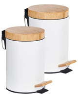 Set of 2 Waste Bins with Pedal and Lid White Iron Synthetic Material   Bamboo Wood Modern Kitchen Recyclable Beliani